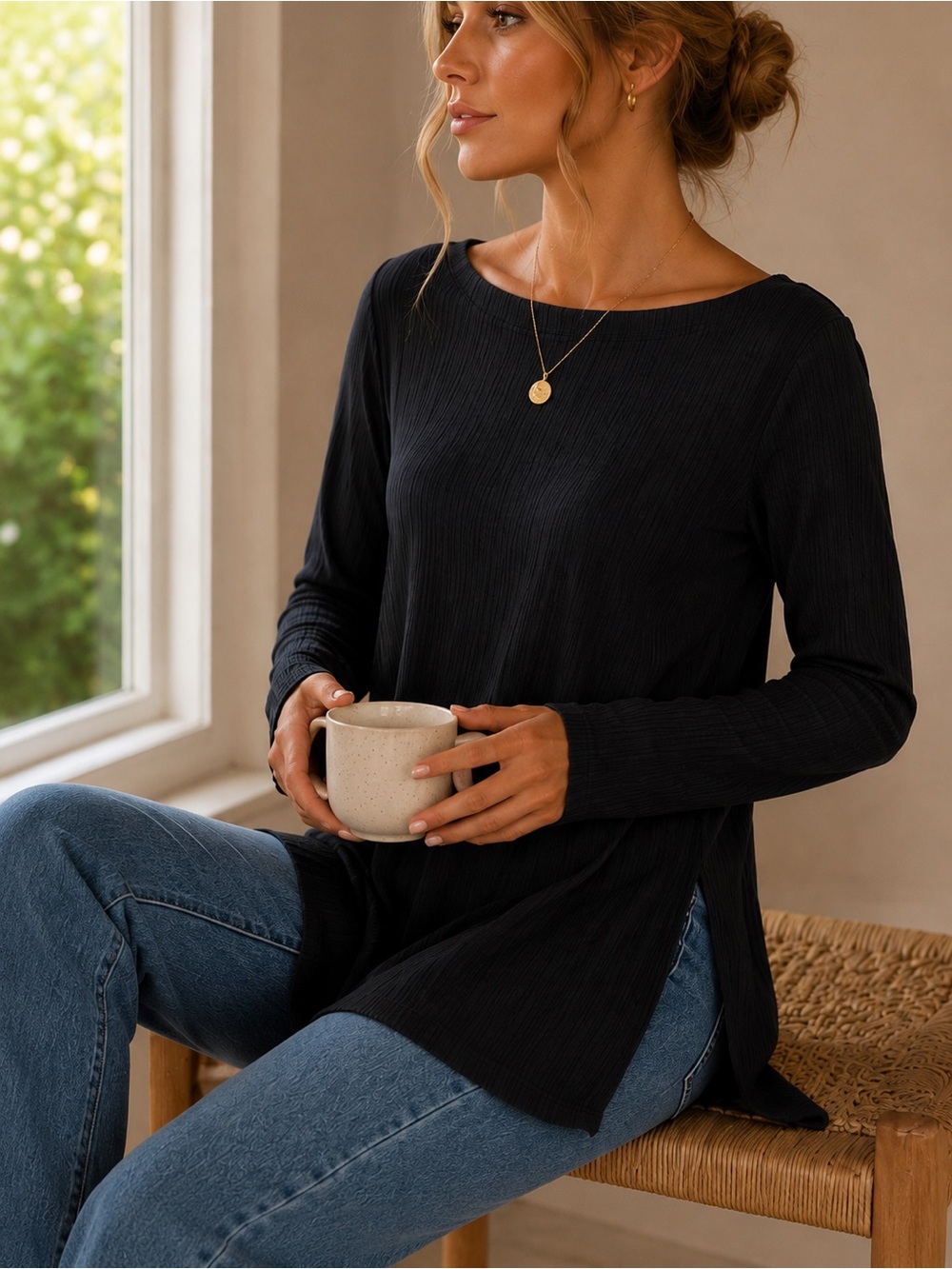 Eileen Fisher Black Ribbed Long-Sleeve A-Line Dress